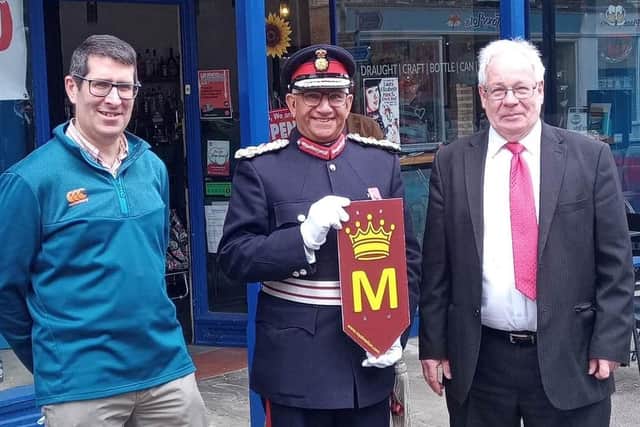 Flashback to last summer when the Lord Lieutenant of Leicestershire, Mike Kapur, launched the Royal Mile Trail, with Matthew O'Callaghan (Royal Melton) and Michael Cooke (left) owner of King Street shop, Melton Sports