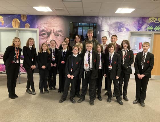Students at John Ferneley College who have formed the first Young Entrepreneurs Club with representatives from MADMAC, Melton Building Society and teacher Mrs Stanley