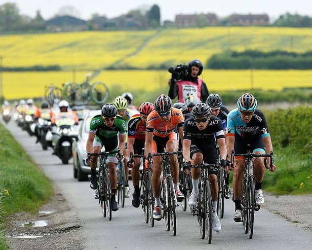 Eventual race winner Tom Moses of Rapha Condor JLT (C) leads the breakaway group during the 2014 edition of the CiCLE Classic from Oakham to Melton Mowbray (Photo by Harry Engels - Velo/Getty Images)