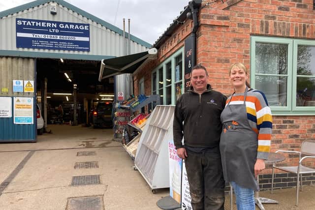 Adam Davies and Louise Rigley outside Stathern Garage