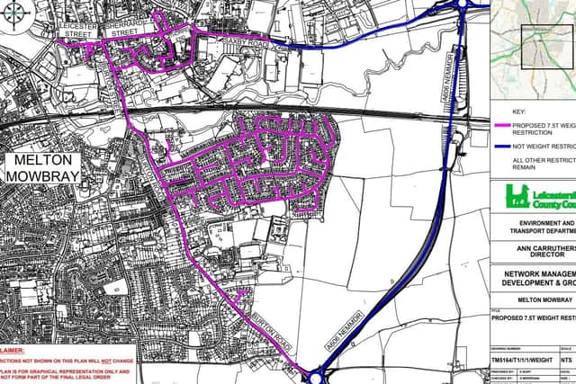 The proposed new weight restrictions for roads in Melton Mowbray, marked in pink