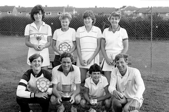 Hamilton Lawn Tennis Club celebrates its centenary - trophy winners pictued in the early 1980s: Paula Cummins (now Horobin), Sarah Cole, Sallie Cleaver (now Wilford), Margaret Roskell; Carl Dennis, Steve Mitchell, Nick Bower, Mike Leatt