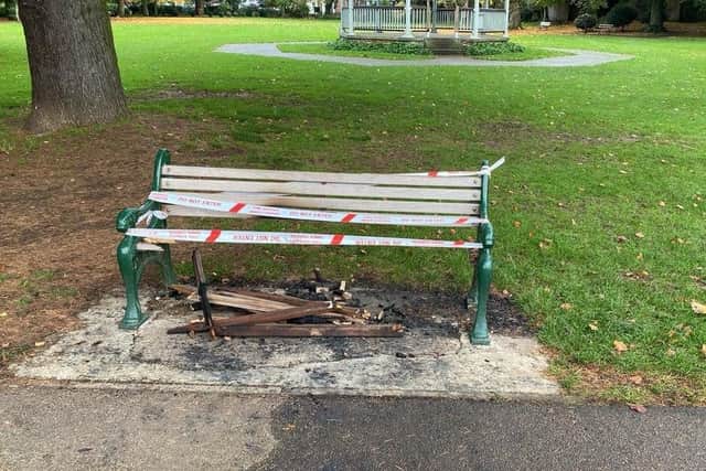 The aftermath of an arson attack on a park bench in Melton