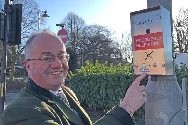 Police and Crime Commissioner Rupert Matthews at the Emergency Help Point in Norman Way, Melton Mowbray