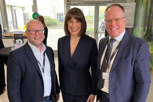 Pictured with Chancellor Rachel Reeves at her speech on growth this morning (January 29) are UK Head of Sustainable Investment and Partnerships for Prologis Jason Longhurst (left) and Managing Director of East Midlands Airport Steve Griffiths (right)