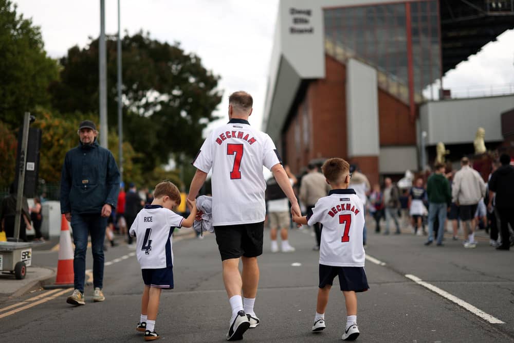 BIRMINGHAM, ENGLAND - SEPTEMBER 06: England fans arrive at the stadium prior to the FIFA World Cup 2026 qualifier match between England and Andorra at Villa Park on September 06, 2025 in Birmingham, England. (Photo by Carl Recine/Getty Images)