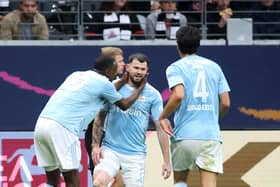 Oliver Burke is congratulated by Union Berlin team-mates after scoring one of the goals in his hat-trick against Eintracht Frankfurt at the weekend IMAGE Getty Images