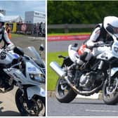 Claire Lomas completes her lap at the North West 200 course on Saturday (right) and pictured beforehand (left) with British motorcycle ace, Steve Plater, who led her round the course