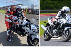 Claire Lomas completes her lap at the North West 200 course on Saturday (right) and pictured beforehand (left) with British motorcycle ace, Steve Plater, who led her round the course