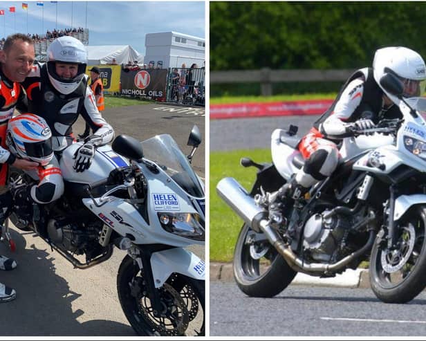 Claire Lomas completes her lap at the North West 200 course on Saturday (right) and pictured beforehand (left) with British motorcycle ace, Steve Plater, who led her round the course