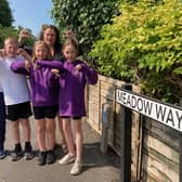Sherard Primary School headteacher Helena Blumfield with pupils Thomas, Bea, Orla and Joe at one of the locations where parents have been parking dangerously