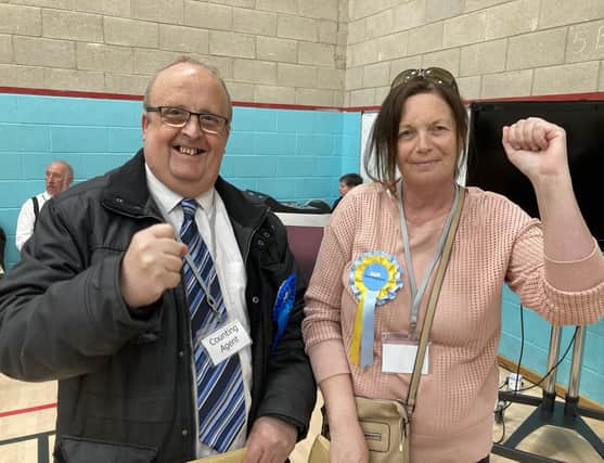 Two first-time councillors celebrate being elected in Melton Craven ward this afternoon - Independent Sharon Brown and Conservative Ian Atherton