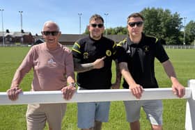 From left, Graham Lewin, Chris Clarke and Ian Bitmead celebrate land deal going through for the historic Holwell Sports site