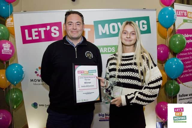 Junior sportsperson of the year, Emilia Whitehouse, with sponsor Richard Griffiths (Ye Olde Pork Pie Shoppe) at the Let's Get Moving Melton Awards 2023