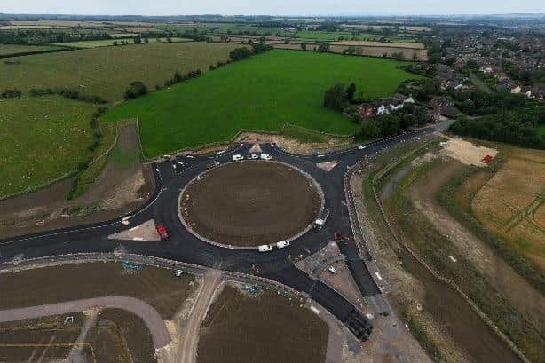 A drone image of work on roundabout 6 of the NEMMDR project on the A606 Burton Road at Melton