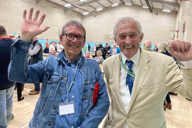 Pip Allnatt (right) and Mike Brown celebrate being elected for Labour in Melton Egerton ward today