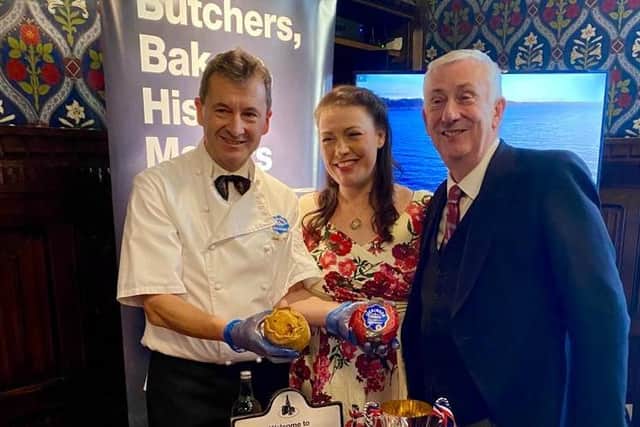 Dickinson and Morris ambassador Stephen Hallam (left) shows off their Melton pork pies to Alicia Kearns MP and Speaker of the House, Sir Lindsay Hoyle