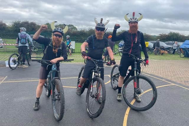 Some of the cyclists at the finish line who dressed specially for the Viking Challenge