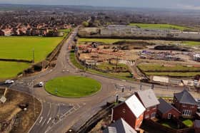 A drone image of the new roundabout on Scalford Road, Melton, with John Ferneley College at the top of the photo and the new Bloor Homes development to the right
PHOTO MICHAEL RILEY