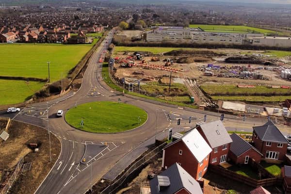 A drone image of the new roundabout on Scalford Road, Melton, with John Ferneley College at the top of the photo and the new Bloor Homes development to the right
PHOTO MICHAEL RILEY