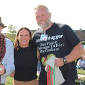 Prince Conker (Robin Bailey) with organisers Amy and Steve Willett at Saturday's conker championships