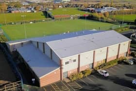 An aerial view of Melton Sports Village showing the sports hall and all-weather pitch PHOTO Mark @ Aerialview360