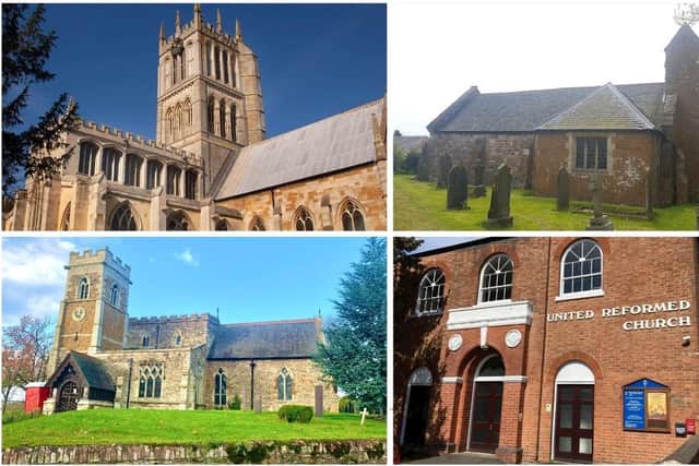 Clockwise from top left: St Mary's, Melton; St Leonard's, Sysonby; United Reformed Church, Melton; All Saints', Rotherby