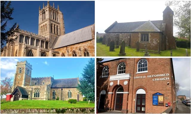 Clockwise from top left: St Mary's, Melton; St Leonard's, Sysonby; United Reformed Church, Melton; All Saints', Rotherby