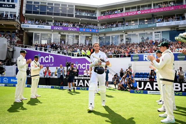 LONDON, ENGLAND - JULY 30: Stuart Broad of England walks out to bat in his last test match, after announcing his retirement from cricket yesterday prior to Day Four of the LV= Insurance Ashes 5th Test Match between England and Australia at The Kia Oval on July 30, 2023 in London, England. (Photo by Gareth Copley/Getty Images)