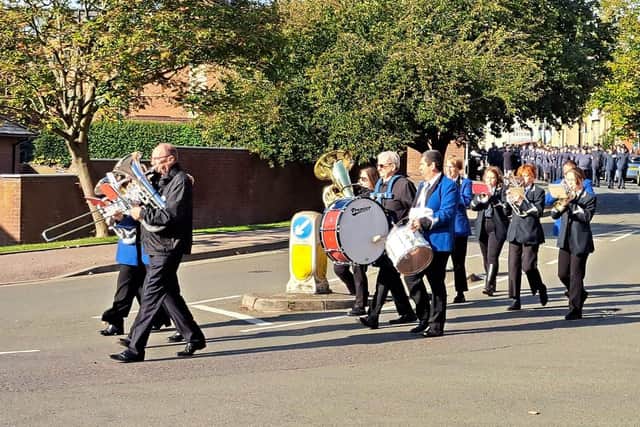 Jonathan Agnew (front) playing his euphonium with The Melton Band during the Battle of Britain parade through Melton last month
