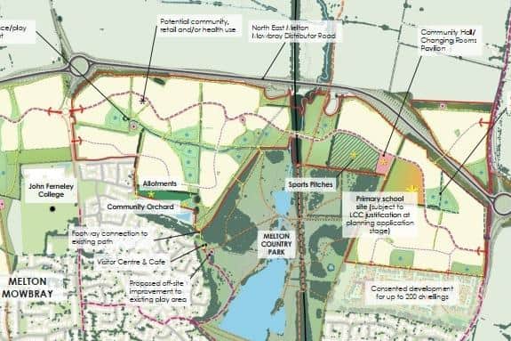 The three newly-approved sites for the Melton North Sustainable Neighbourhood masterplan, with Melton Spinney Road to the right and Scalford Road to the left