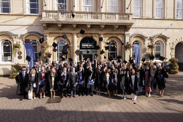 Graduates celebrate outside Loughborough Town Hall
