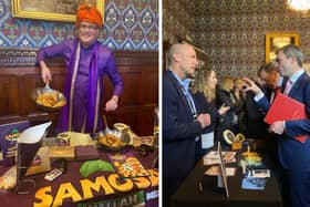 Melton and Rutland food producers showcase their products in Parliament - Samosa Wallah (left) and Long Clawson Dairy serve their produce to MPs