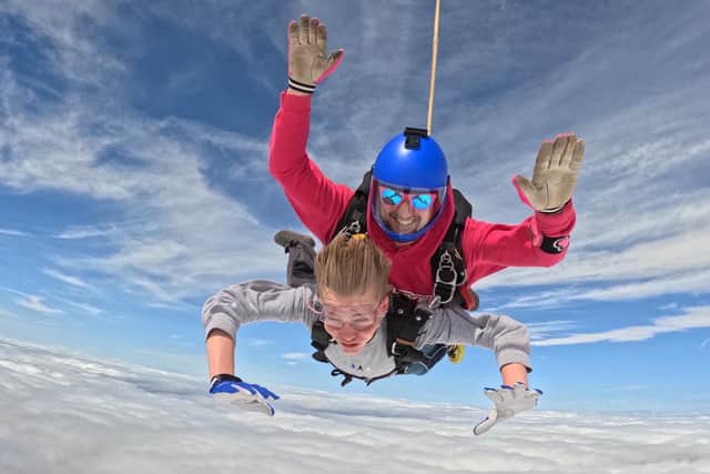 Jack Plaice pictured shortly after jumping out of a plane above Langar Airfield