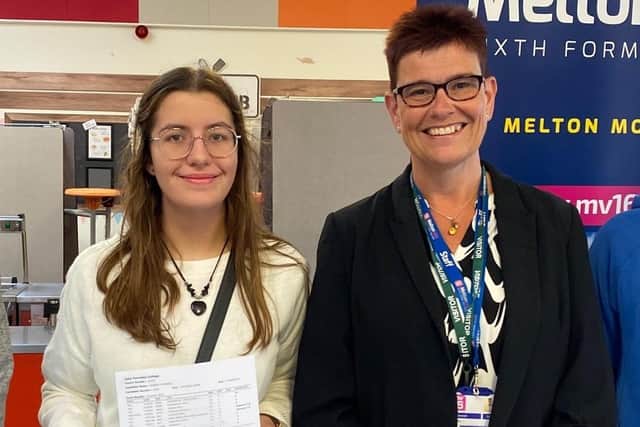Top John Ferneley College GCSE achiever Maisie Funnell with visiting MV16 head Nicki Dartnell