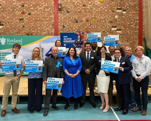 Alicia Kearns with her supporters - she was elected Rutland & Stamford MP earlier this morning