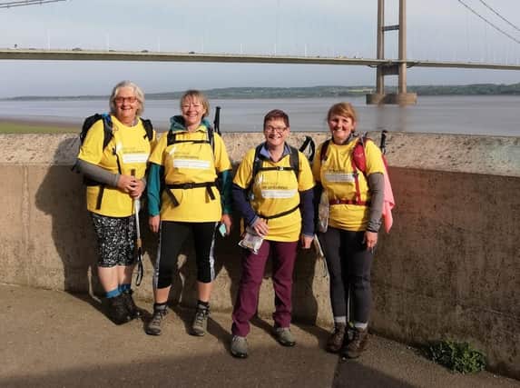 Sandra Boddy, Kate Farmer, Sam Ison and Kim Ballance pictured near the Humber Bridge at the start of their Viking Way fundraiser