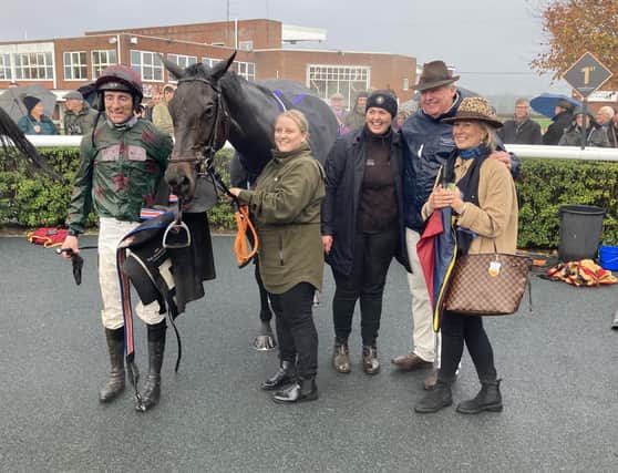 Glen Cannel pictured after his win at Market Rasen this afternoon with trainer Laura Morgan, jockey Brian Hughes and owner Tim Radford
PHOTO GRAHAM CLARK
