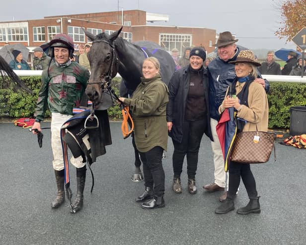 Glen Cannel pictured after his win at Market Rasen this afternoon with trainer Laura Morgan, jockey Brian Hughes and owner Tim Radford
PHOTO GRAHAM CLARK