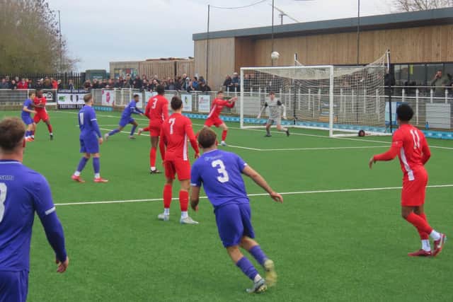 Goalmouth action during Saturday's local derby at Sign Right Park