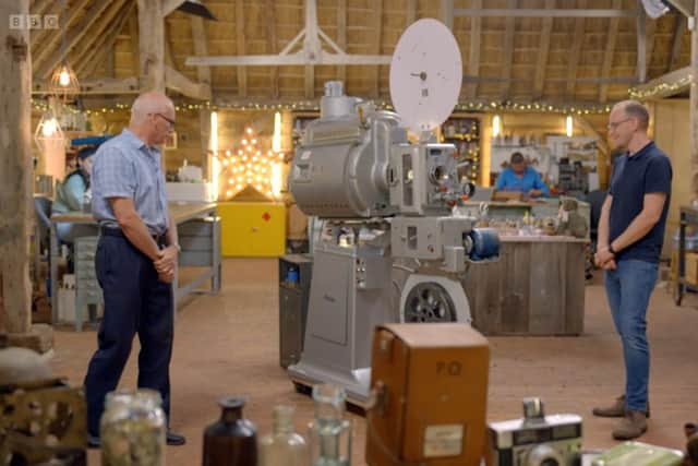 Christian Skelton, chairman of the Selsey Pavilion Trust, on BBC One's The Repair Shop with Mark Stuckey and the vintage cinema projector he restored