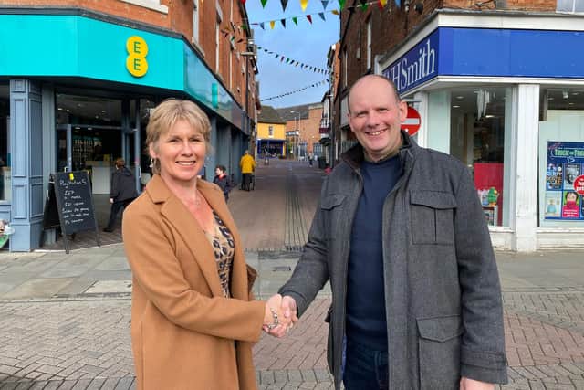Long-serving Melton BID manager Shelagh Core congratulates her successor James Colclough in the town centre this week