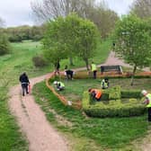 Friends of Melton Country Park volunteers adding their willow dragonfly sculptures to the bird hide