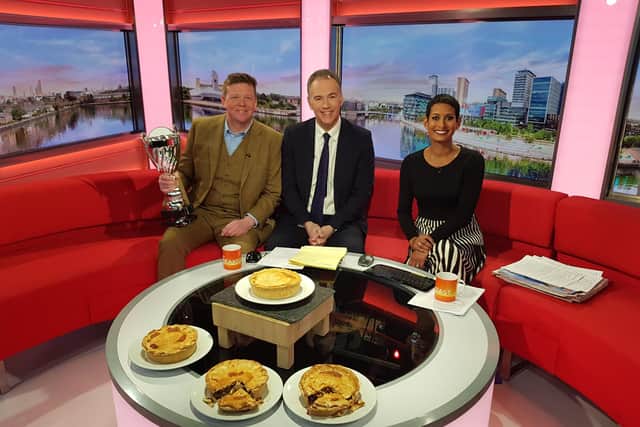 Piemaker Ian Jalland on the BBC Breakfast sofa on Saturday morning, with Roger Johnson and Naga Munchetty, after Brockleby's Pies won the Supreme Champion title at the British Pie Awards 2023