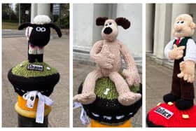 Syston Knitting Banxy's Aardman characters displayed outside De Montfort Hall