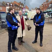 Police and Crime Commissioner Rupert Matthews pictured in Melton with street wardens during a pilot project - they will not be returning to the town's streets now