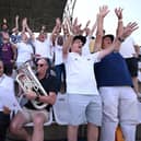 BBC Test Match Special commentator Jonathan Agnew playing his euphonium and leading a rendition of Jerusalem with the Barmy Army during day four of the First Test Match between Pakistan and England at Multan Cricket Stadium on October 10, 2024 in Multan, Pakistan.  (Photo by Stu Forster/Getty Images)