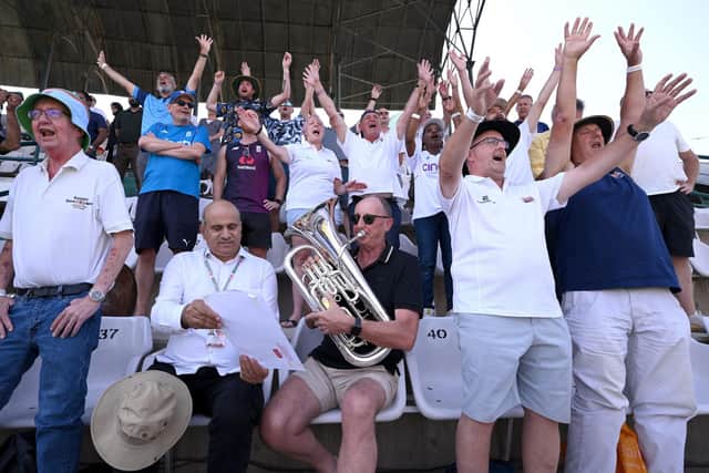 BBC Test Match Special commentator Jonathan Agnew playing his euphonium and leading a rendition of Jerusalem with the Barmy Army during day four of the First Test Match between Pakistan and England at Multan Cricket Stadium on October 10, 2024 in Multan, Pakistan. (Photo by Stu Forster/Getty Images)