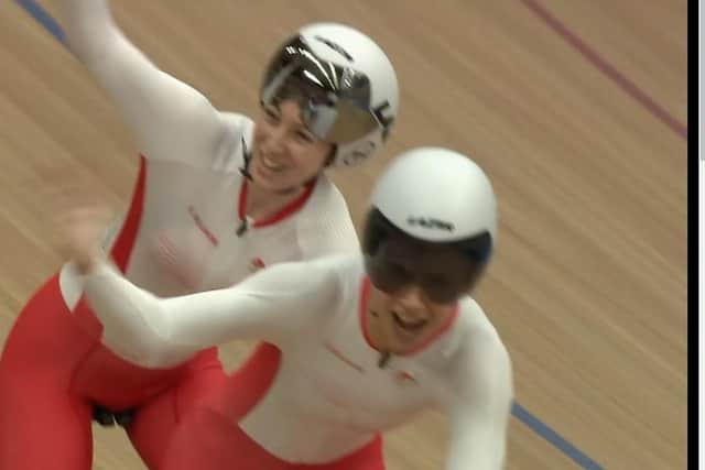 Sophie Unwin and Georgia Holt celebrate bronze medal glory at today's Commonwealth Games para cycling event