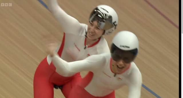 Sophie Unwin and Georgia Holt celebrate bronze medal glory at today's Commonwealth Games para cycling event